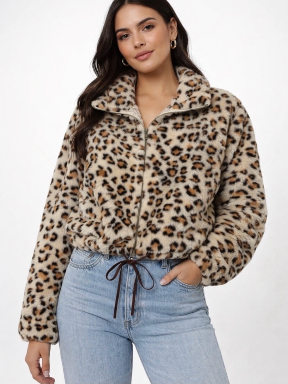 Leopard Print Faux Fur Zip Jacket - Cream/Tan